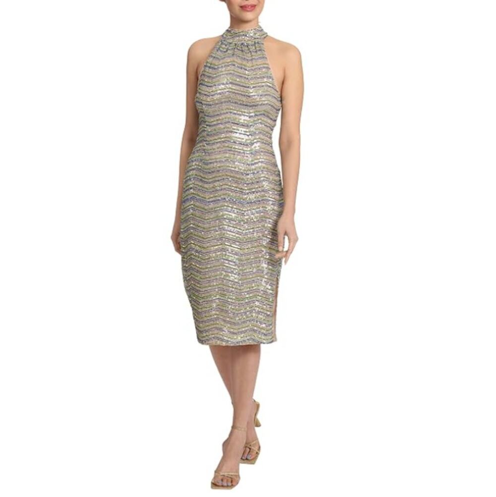 New Maggy London Women's Multi Paratrooper Midi Sequin Cocktail Dress Size 2